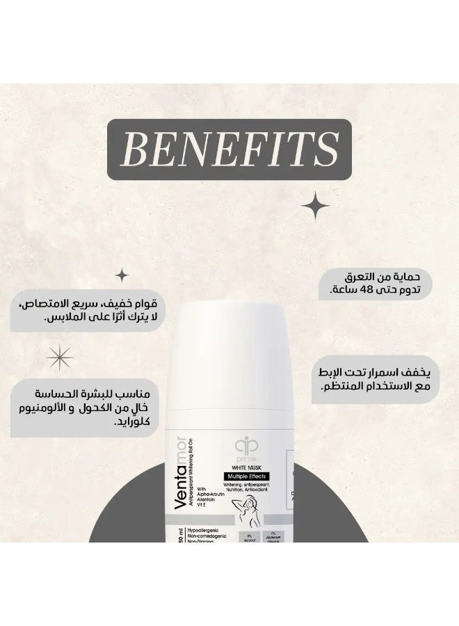 Ventamor Whitening Roll-On Deodorant 50 ml White Musk Scent – 48H Antiperspirant, Alcohol & Aluminum Free, Suitable for Sensitive Skin - Image 2